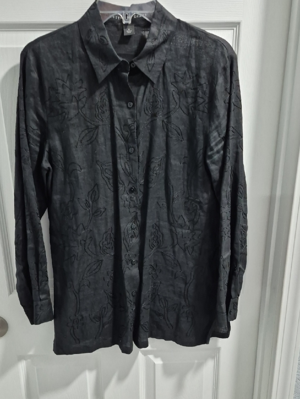 Josephine Chaus Black Button-Front Shirt with Embroidered Detail